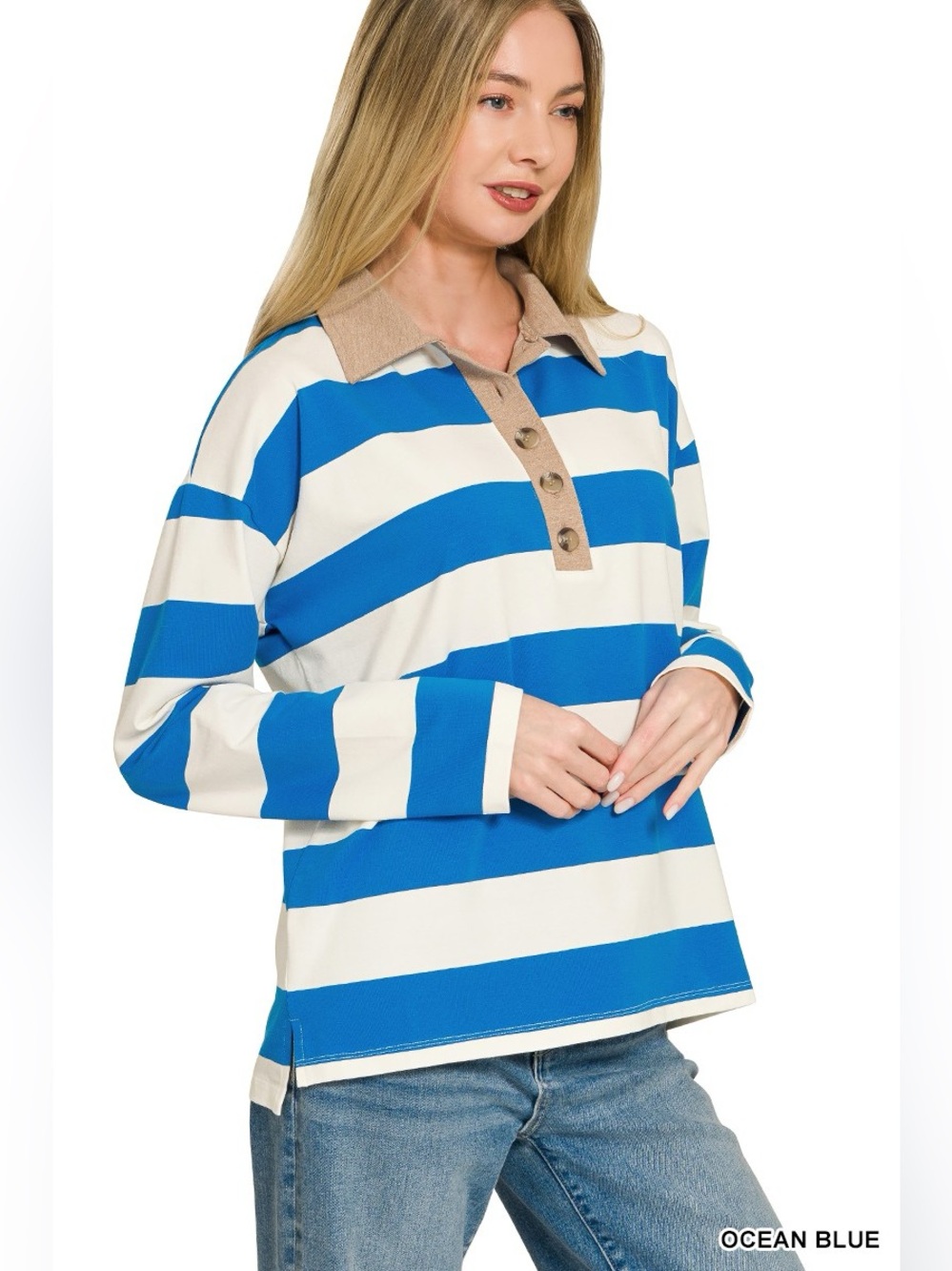 Zenana Striped Contrast Collar Polo Top - Picture 2 of 5